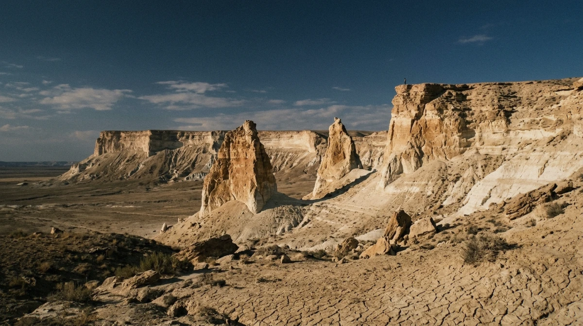 The limestone fangs of Bozzhyra seen from the lower viewpoint on the 2-day Mangystau tour from Aktau, Kazakhstan